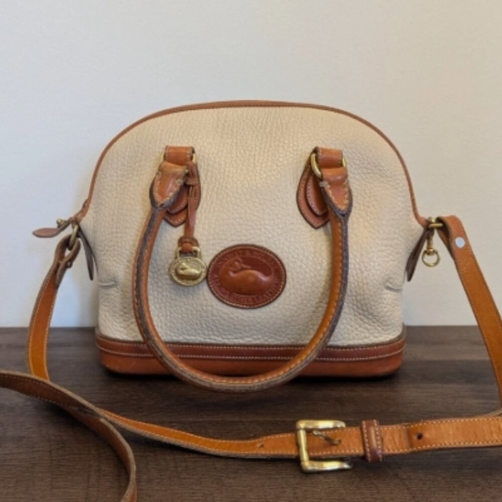 Vintage Dooney And Bourke Norfolk Top Handle Leather Crossbody Handbag Tan White